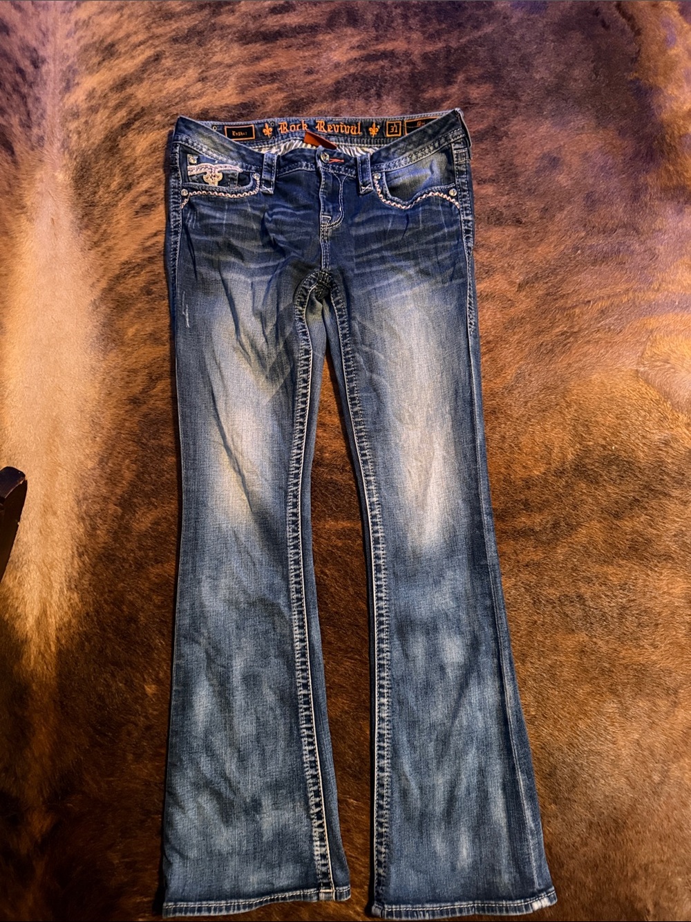 Rock Revival Women's Blue bootcut Jeans with Embellished Pockets